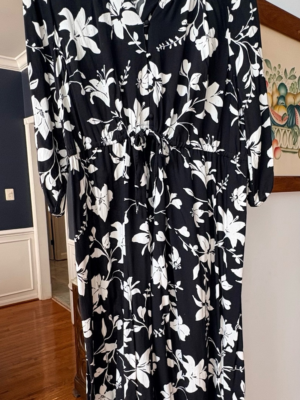 croft & barrow Black and White Floral Drawstring Long Sleeve Dress